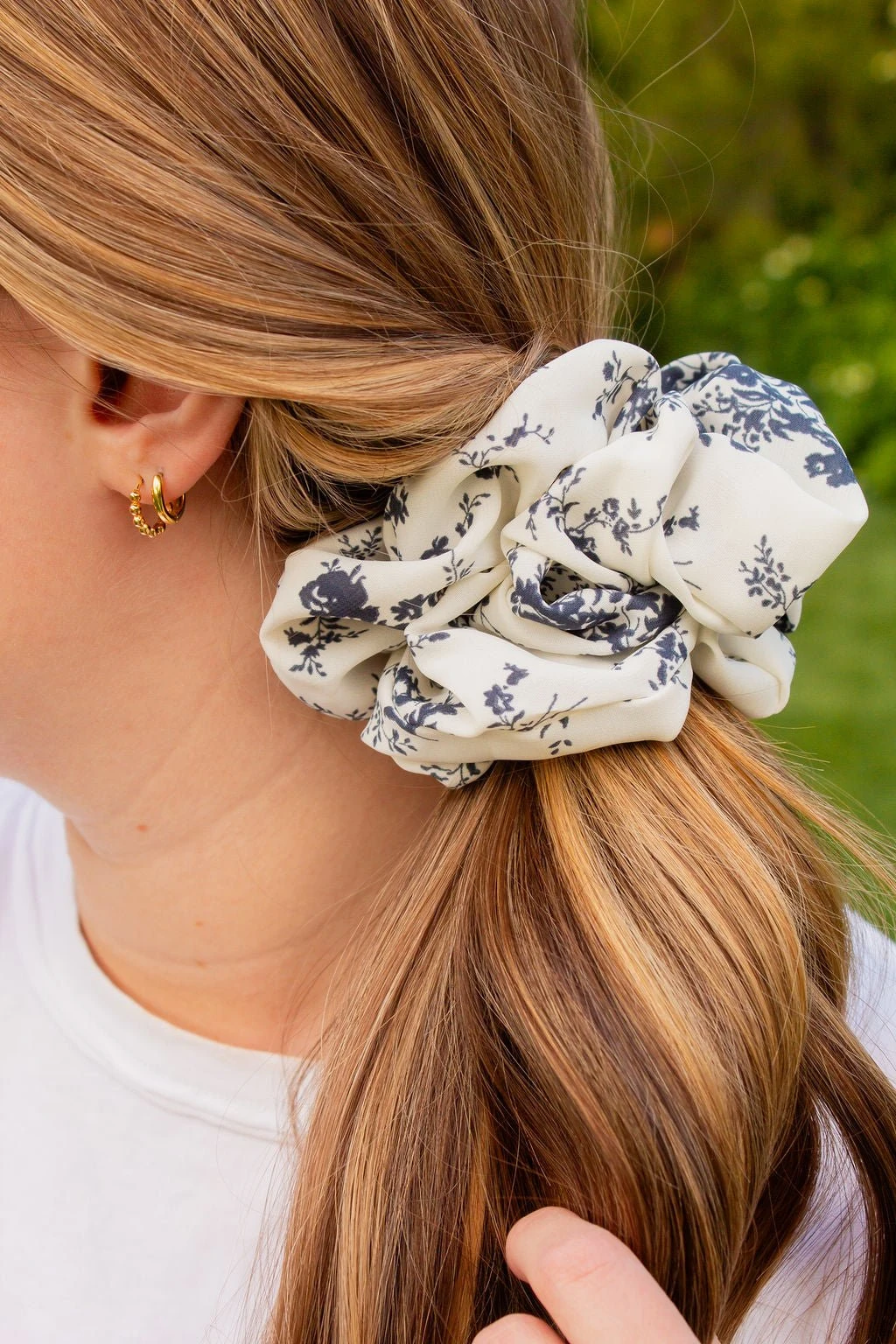 Botanical Blue Jumbo Floral Hair Scrunchie 3 Botanical Blue Jumbo Floral Hair Scrunchie