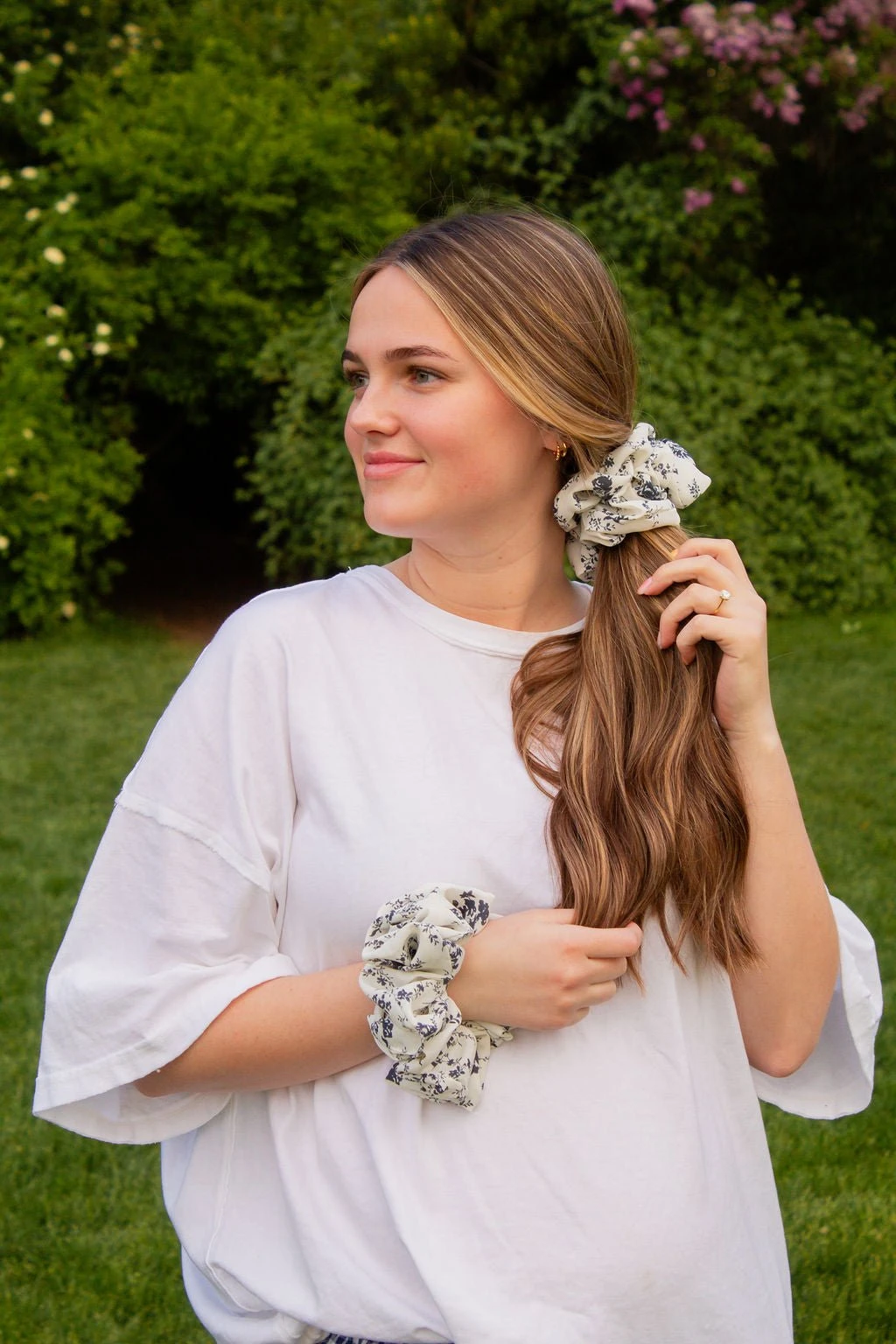 Botanical Blue Jumbo Floral Hair Scrunchie 6 Botanical Blue Jumbo Floral Hair Scrunchie - Image 4