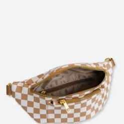 Tan Checkered Vegan Leather Fawny Pack - Hands-Free Crossbody Bag 10 Tan Checkered Vegan Leather Fawny Pack - Hands-Free Crossbody Bag -ROOLEE FASHION SHOP fawny.tancheck.4.1