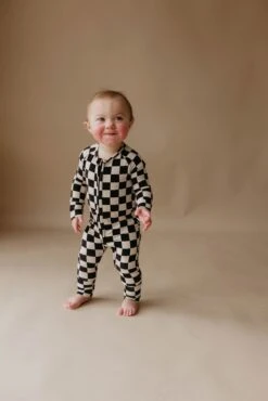 Premium Black Checker Bamboo Zip Pajamas - Convertible Baby Sleeper
