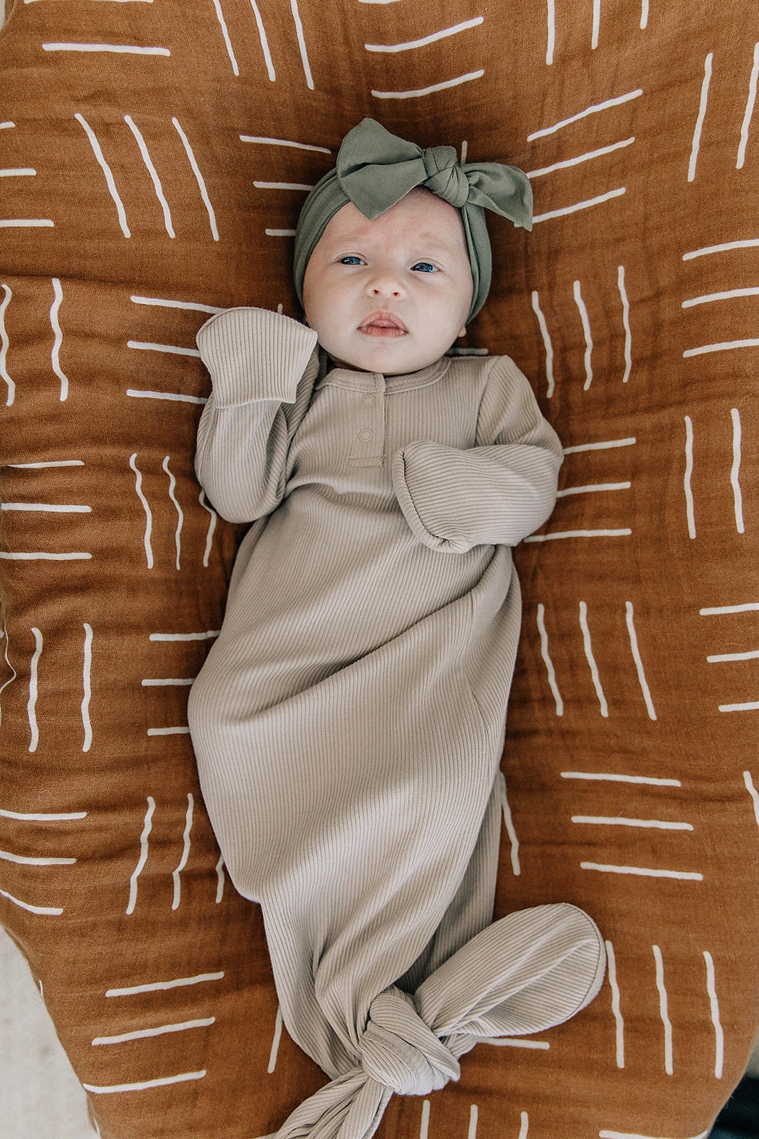 Organic Cotton Ribbed Knot Baby Gown - Oatmeal 3 Organic Cotton Ribbed Knot Baby Gown - Oatmeal