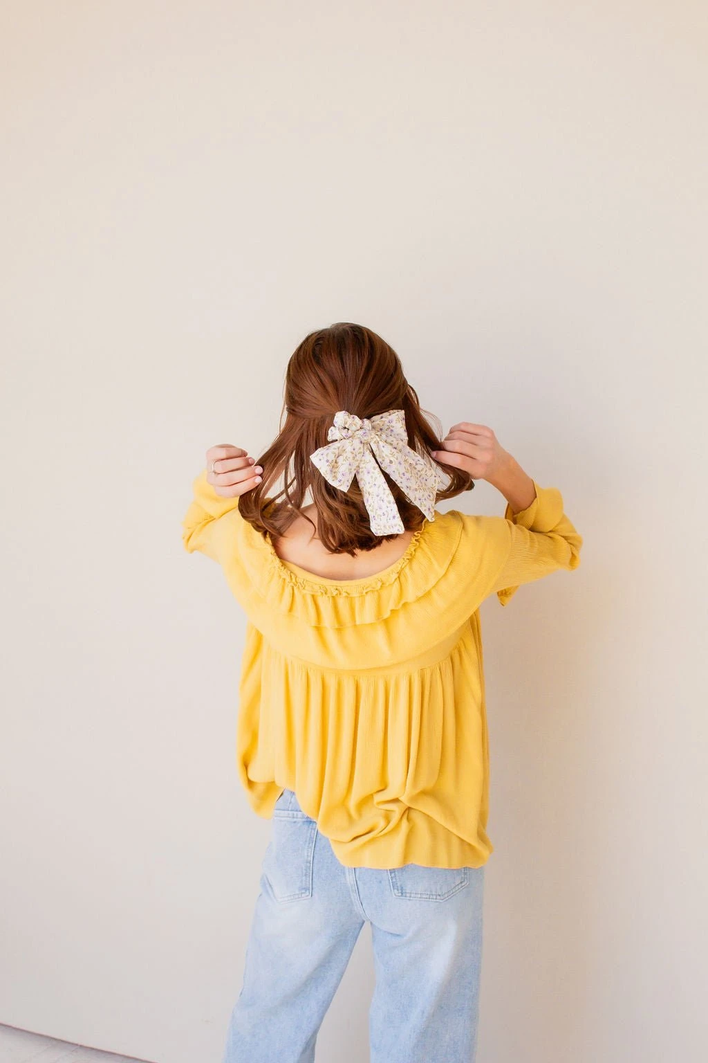 Floral Eyelet Long Bow Scrunchie - Lilac & Green Hair Accessory 4 Floral Eyelet Long Bow Scrunchie - Lilac & Green Hair Accessory - Image 2