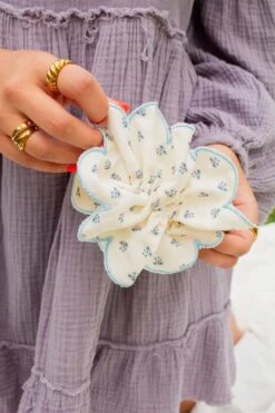 Scalloped Double Ruffle Floral Scrunchie in Blue and Cream