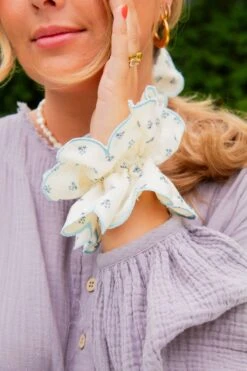 Scalloped Double Ruffle Floral Scrunchie in Blue and Cream -ROOLEE FASHION SHOP scallop double ruffle scrunchie scrunchies 368670