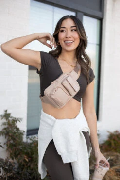 Beige Nylon Sport Sling Bag - Hands-Free Travel Crossbody Organizer