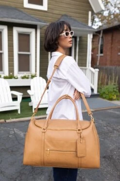 Tan Pebbled Faux Leather Weekender Bag for Travel & Hospital Stays